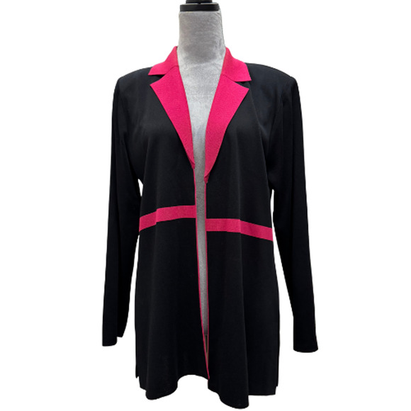 Misook Black & Pink Open Cardigan Jacket Tunic Sweater L Acrylic Knit Made Korea - Picture 5 of 7